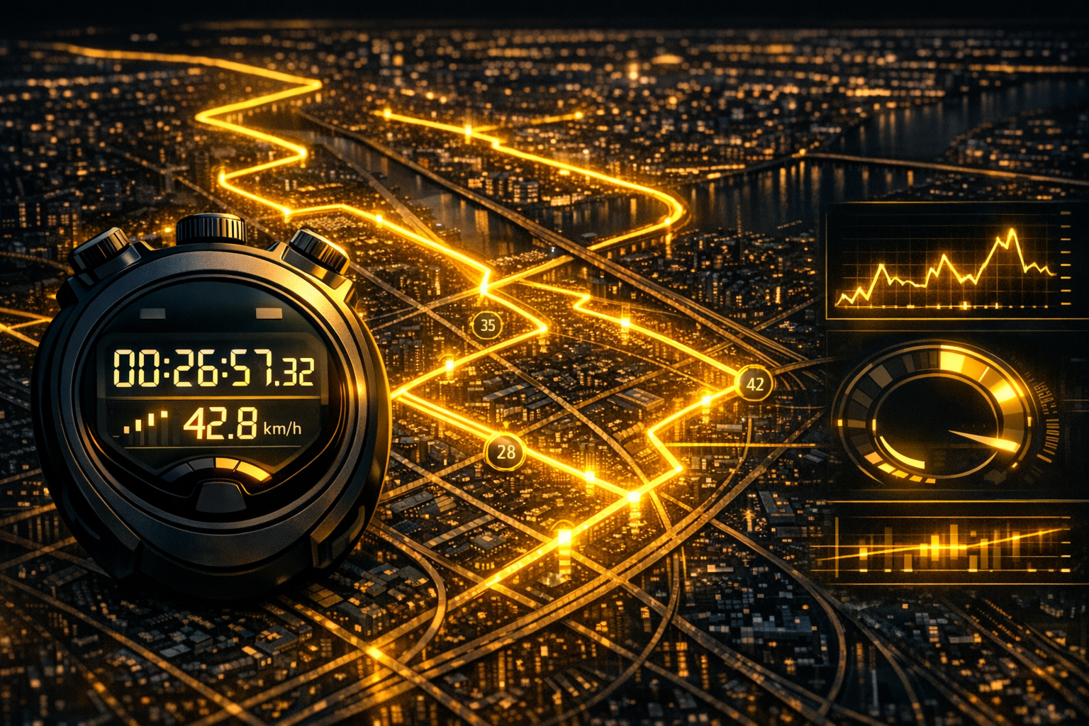 Digital delivery timing dashboard showing city route maps and speed metrics