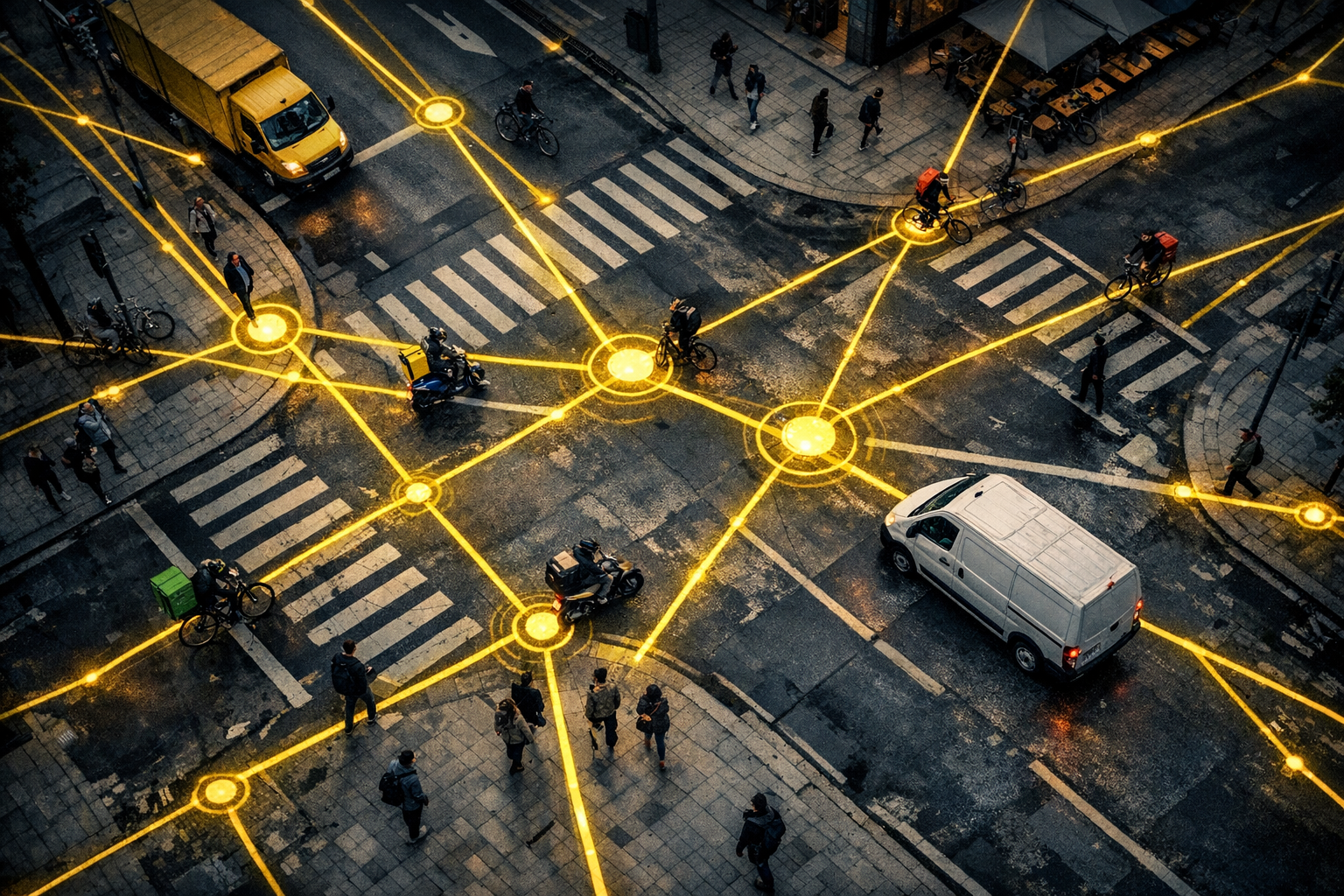 Aerial view of urban delivery routes with glowing yellow path lines